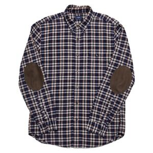 J Crew Suede Elbow Patch Flannel Button Up Shirt Mens M Orange Blue Plaid Rugged